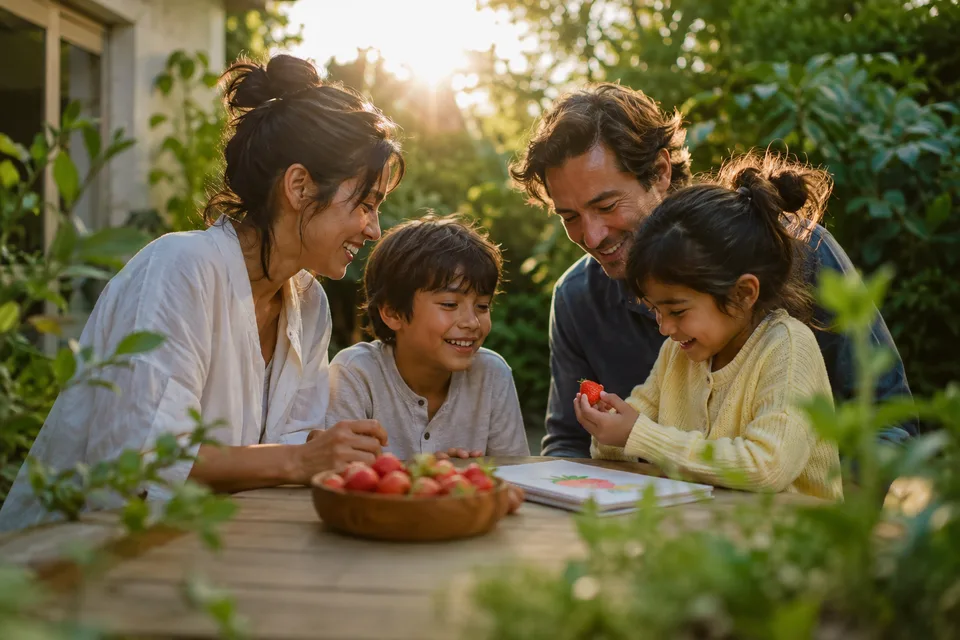 Parents and two children sharing strawberries and a sketchbook in a sunny garden